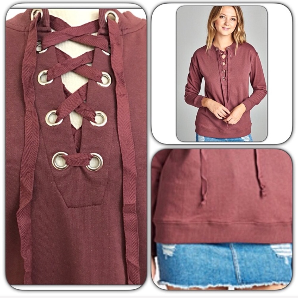 Date Night Marsala Soft Lace Up Top S - Picture 3 of 6